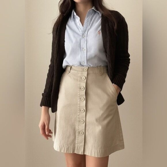 NEW Talbots sz 6 Womens Tan High Waist Button Skirt With Pockets Academia Preppy - Picture 1 of 4